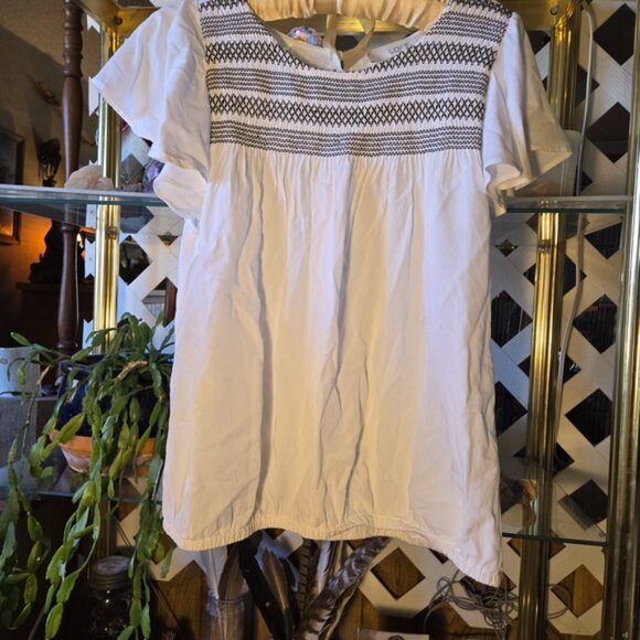 LOFT White Smocked Blouse with Embroidered Accents-FC - Picture 2 of 4
